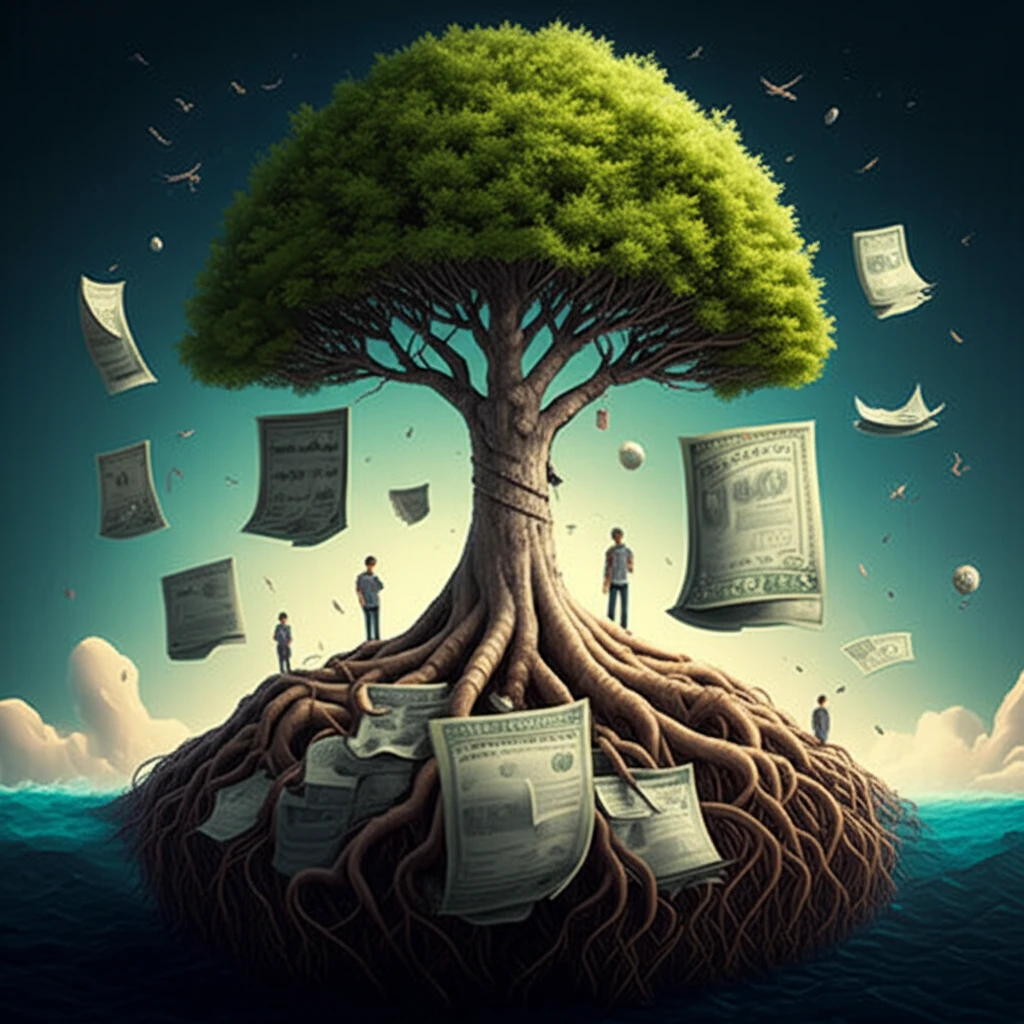 A lush tree with financial roots and community branches, symbolizing nonprofit sustainability.