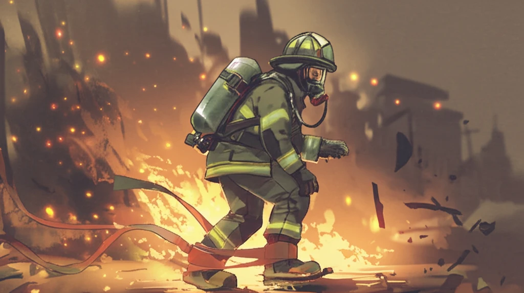 Firefighter struggling with movement due to oversized gear.