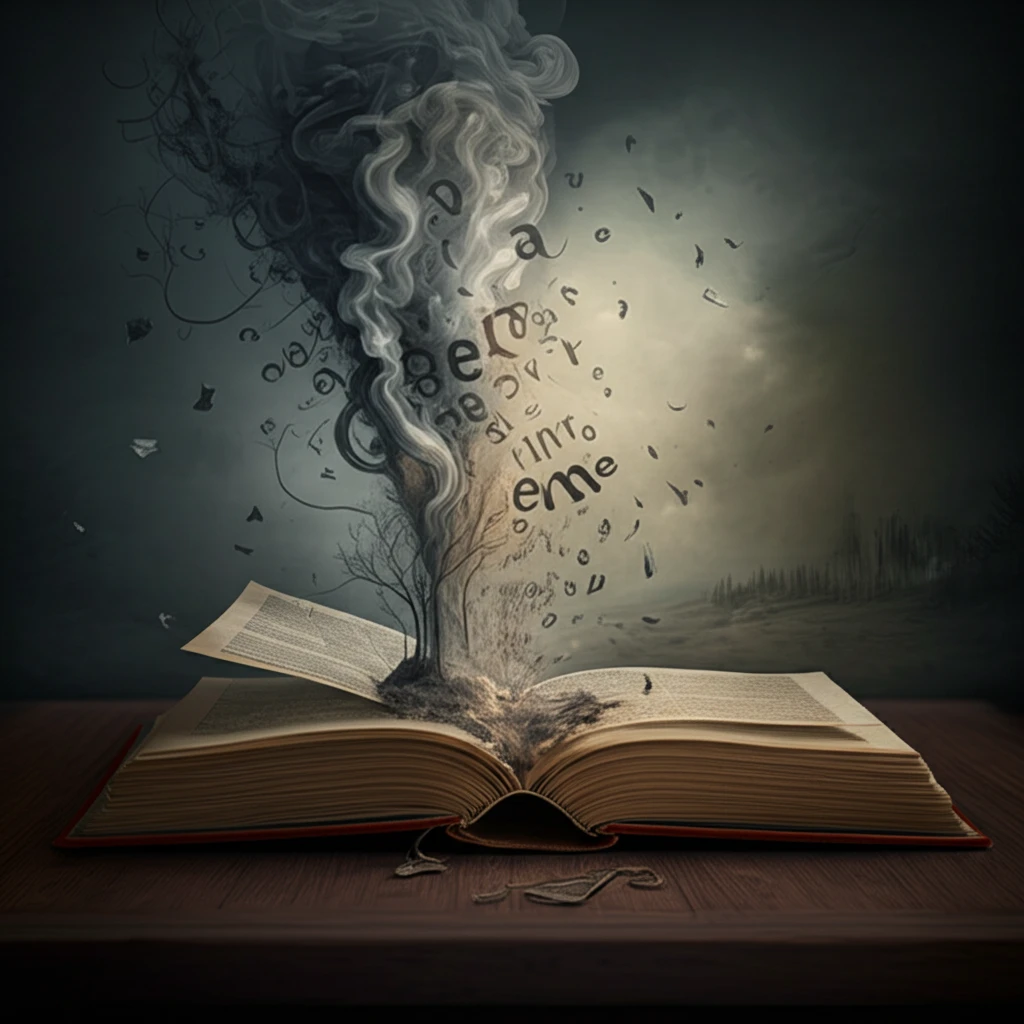 Surreal image of a book with fading words revealing a landscape.