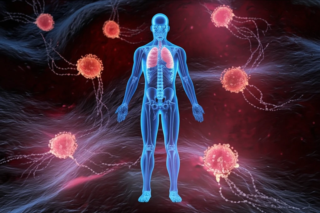 Surreal illustration of glowing nanoparticles detecting cancer cells.