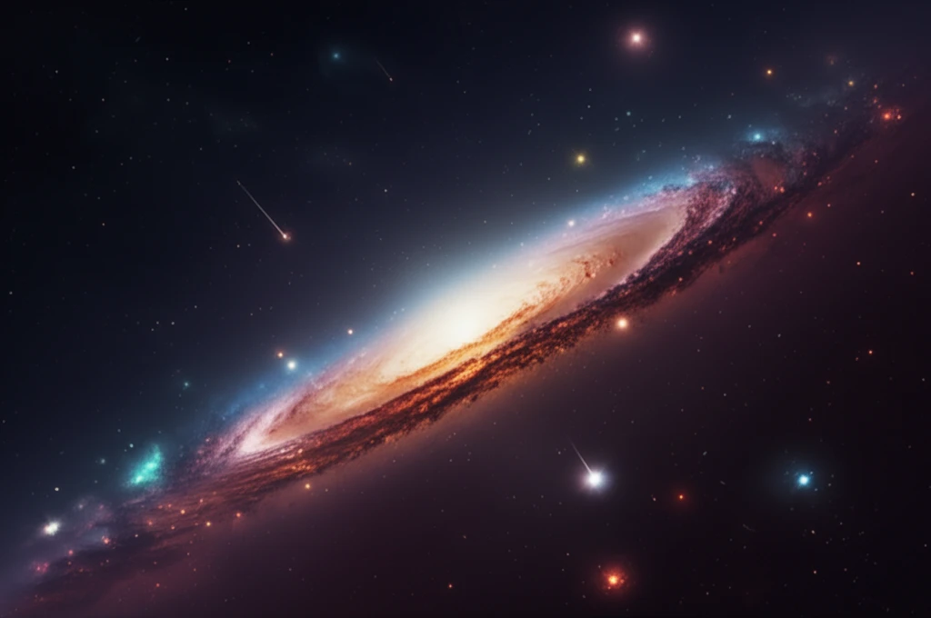 A vibrant galaxy disk with swirling gas, star formation, and subtle cosmic ray streaks.