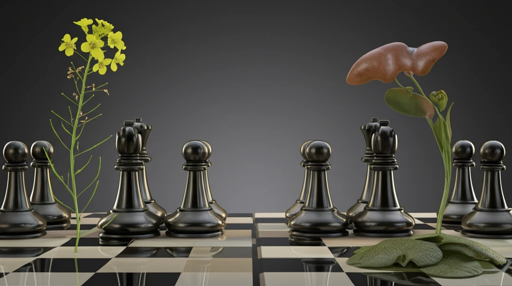 Surreal illustration of two plants on a chessboard, symbolizing the conflict in plant nomenclature.