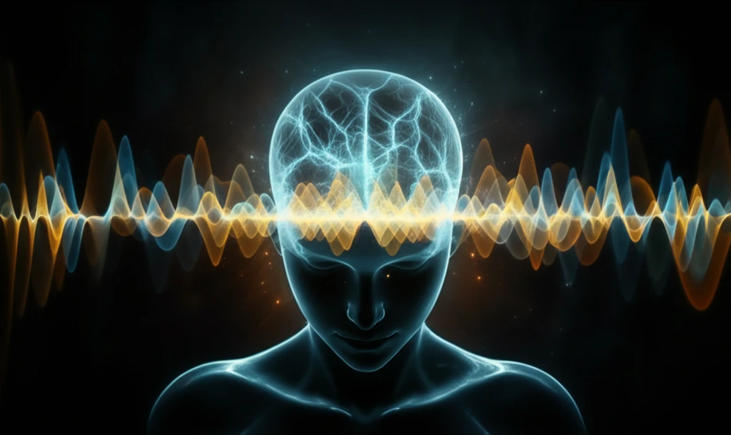 Surreal illustration of light waves around a head, symbolizing alpha brainwaves and flicker stimulation.