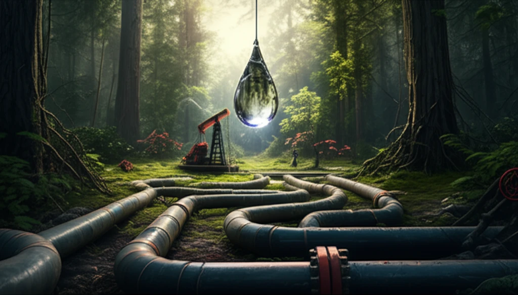 Surreal image of pipelines in a green landscape, symbolizing energy and environment balance.