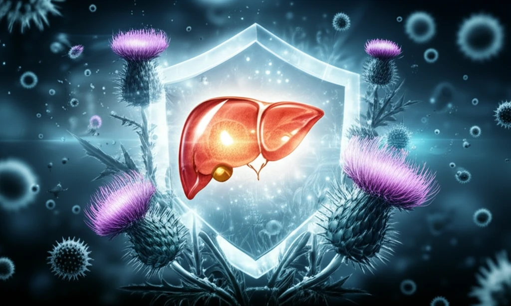 Radiant liver protected by milk thistle flowers and a silymarin shield.