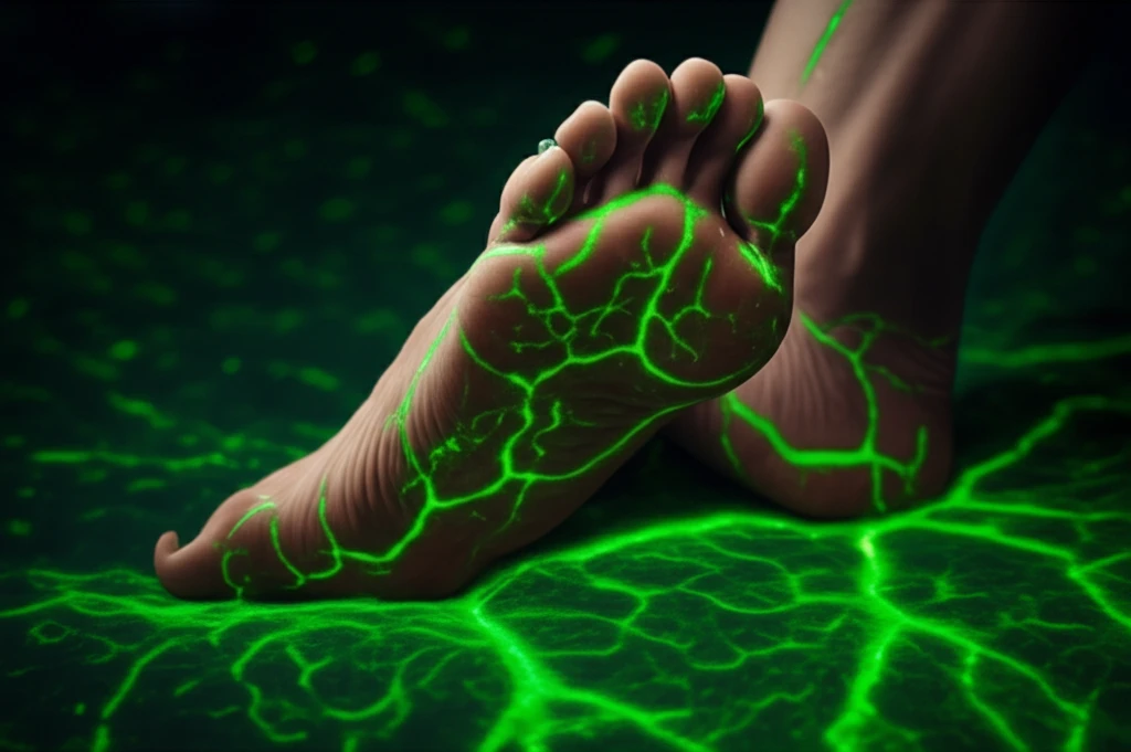 Glowing green light in foot veins, symbolizing improved blood flow and healing through IG-FI technology.