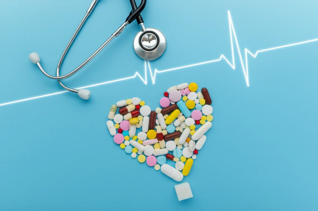 Surreal image of pills forming a heart and sugar cube, symbolizing medication for hypertension and diabetes.