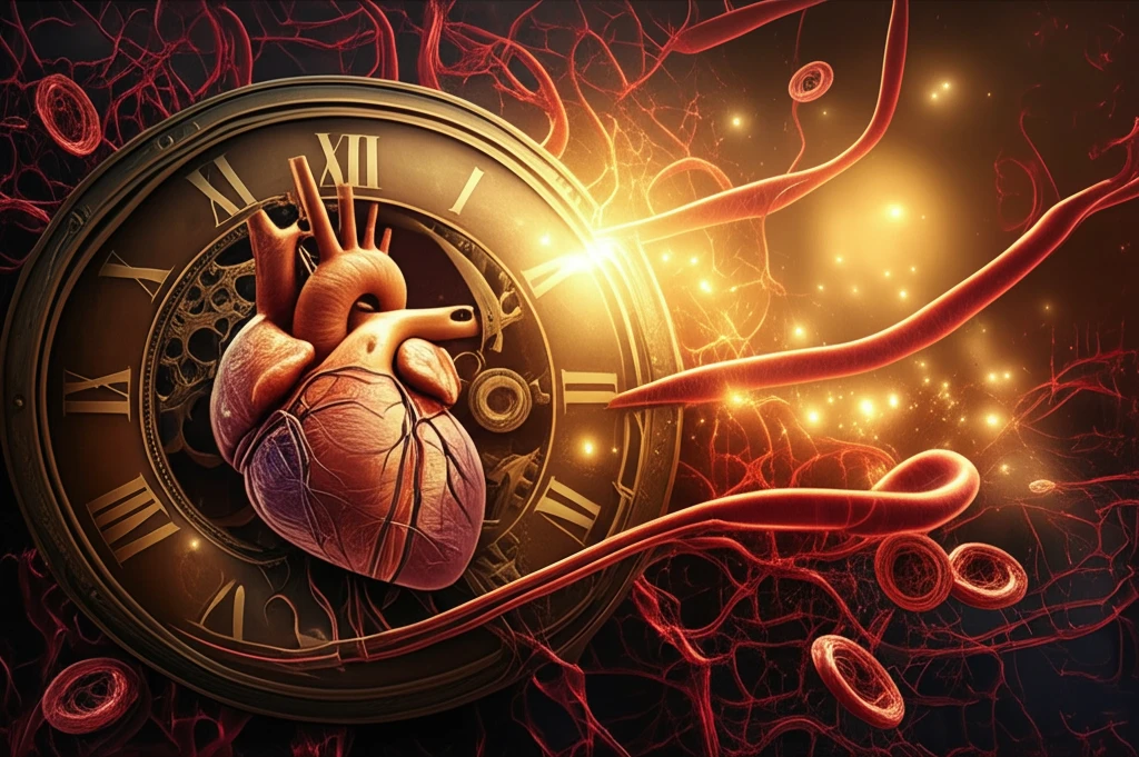 A surreal illustration representing the connection between biological clocks, blood vessels, and cardiovascular health.