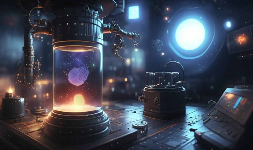 Surreal digital illustration of Dysprosium atoms emitting light with spectral lines and lab equipment