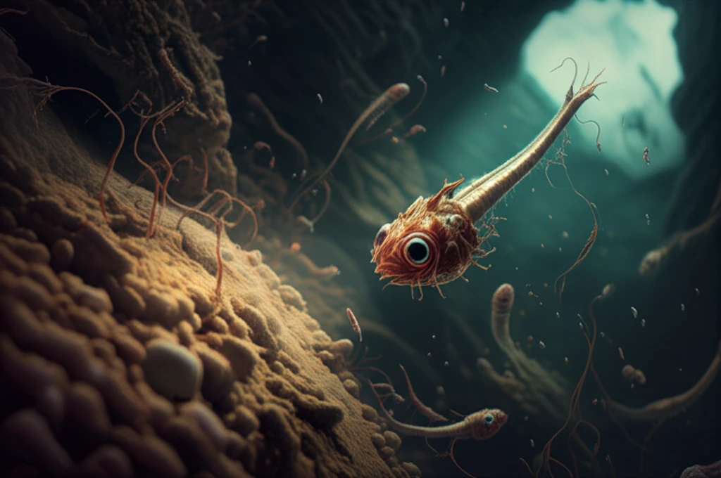 Microscopic marine bacteria interacting with fish larvae