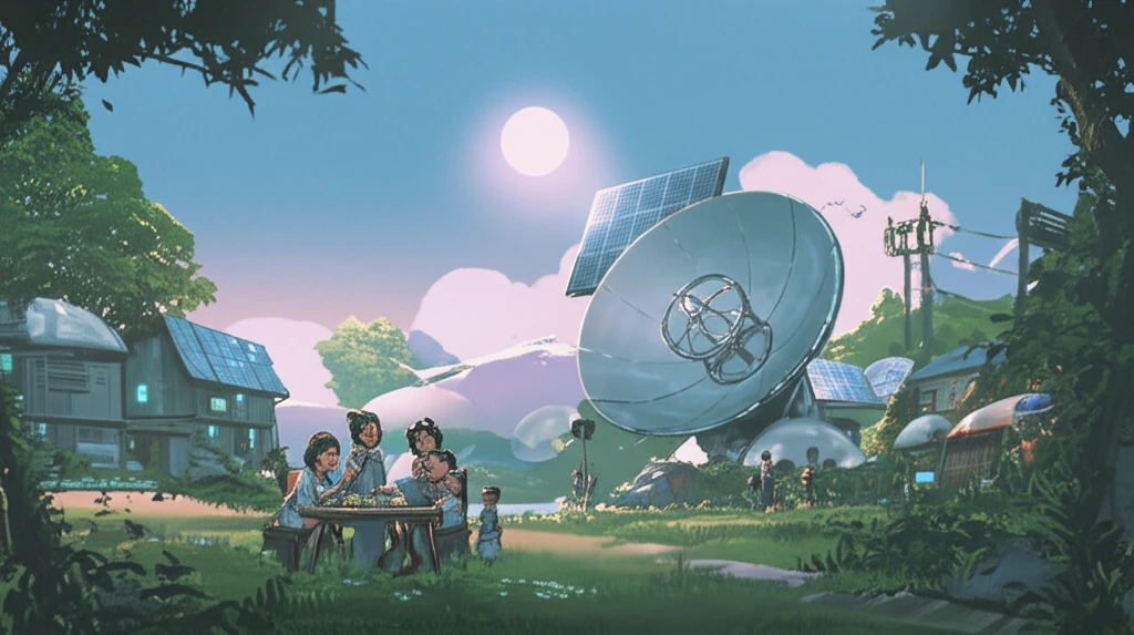 Futuristic village scene with a large, twin-domed solar cooker, symbolizing sustainable community cooking.