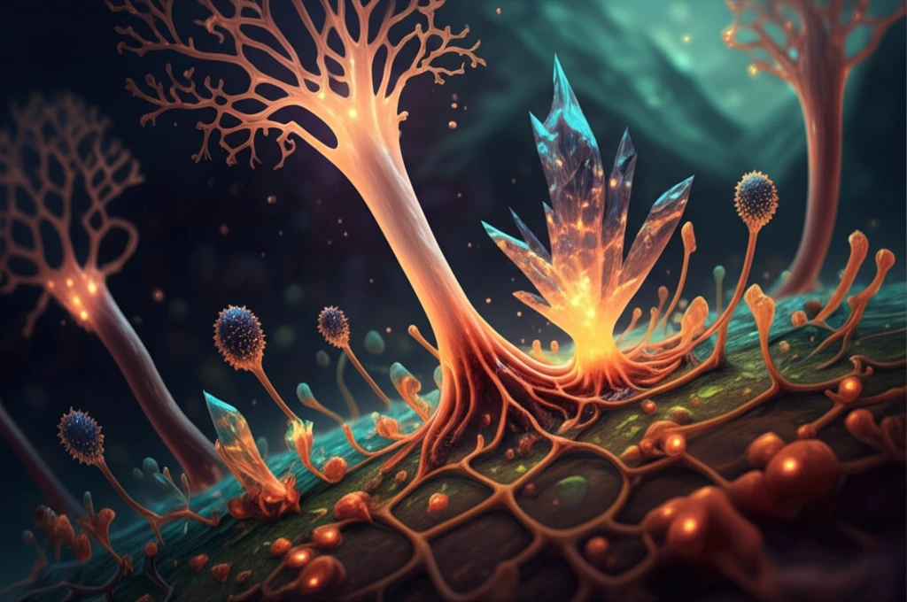 Surreal illustration of glowing fungal mycelium and crystalline structures.