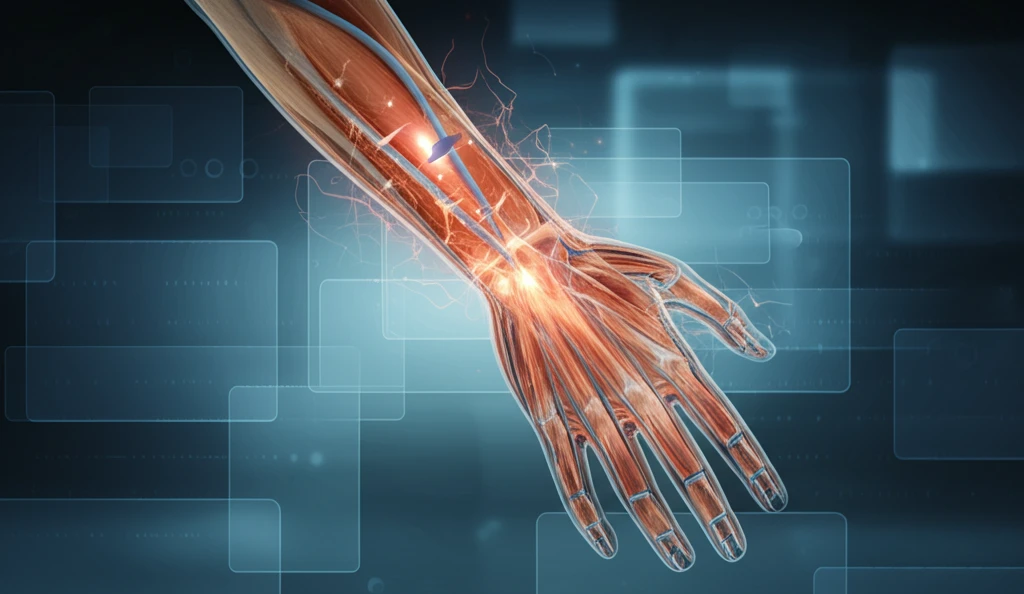 Glowing veins on hand with anatomical diagram overlaid.