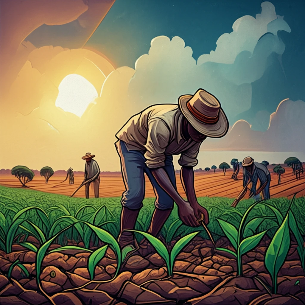 Zambian farmers planting drought-resistant seeds under a vibrant sunlit sky.