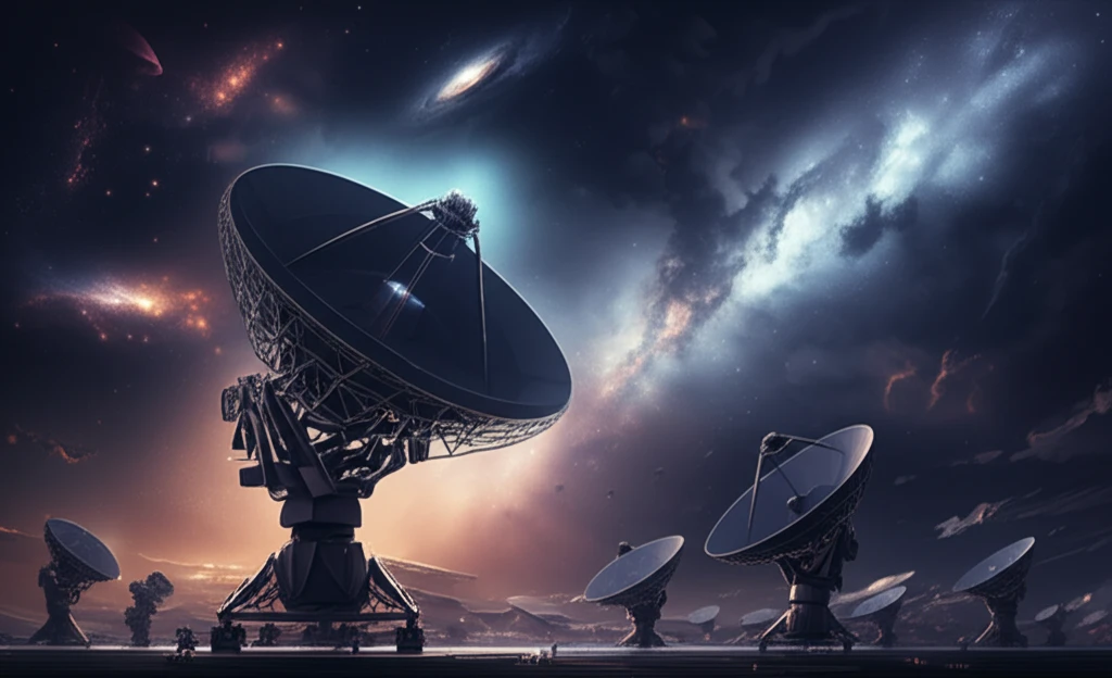Radio telescope array under a star-filled sky.