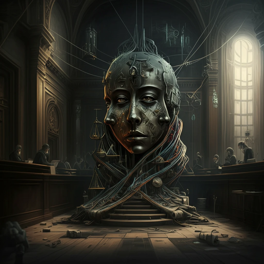 Surreal courtroom scene illustrating alternate realities.