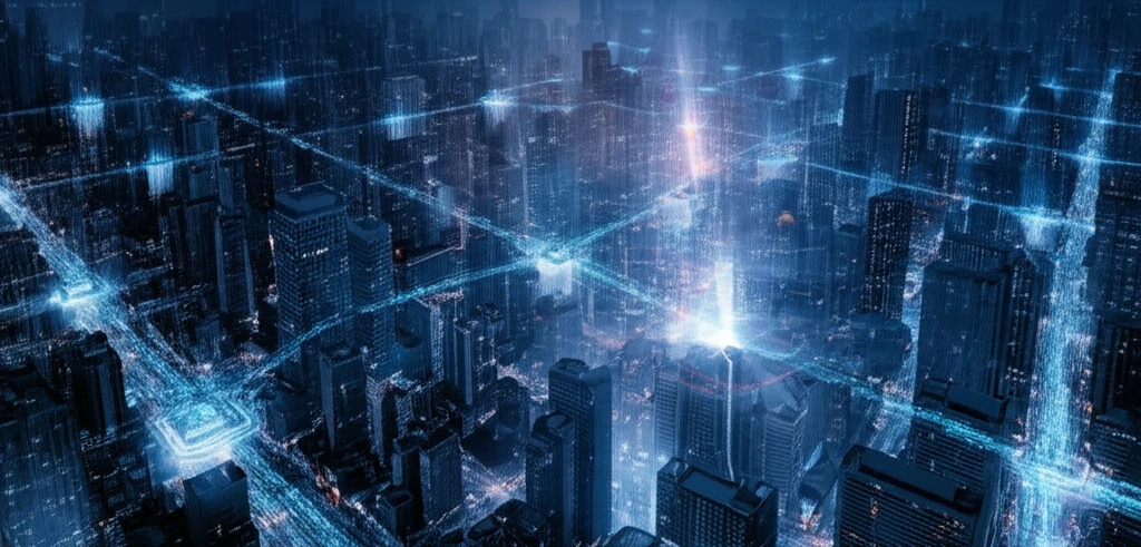 Futuristic cityscape with connected vehicles and flowing data streams