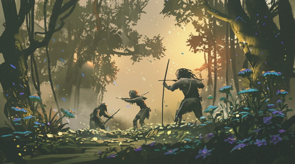 Ancient hunters crafting poison arrows in a mystical forest setting.