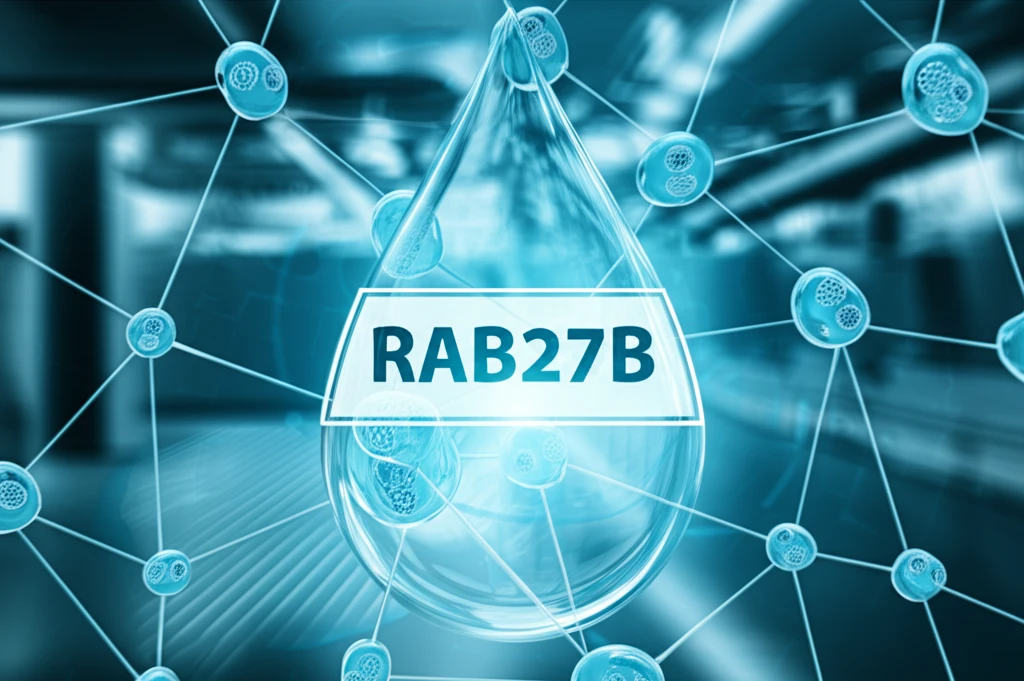 Abstract illustration representing cellular pathways and the RAB27B protein in exocytosis research.