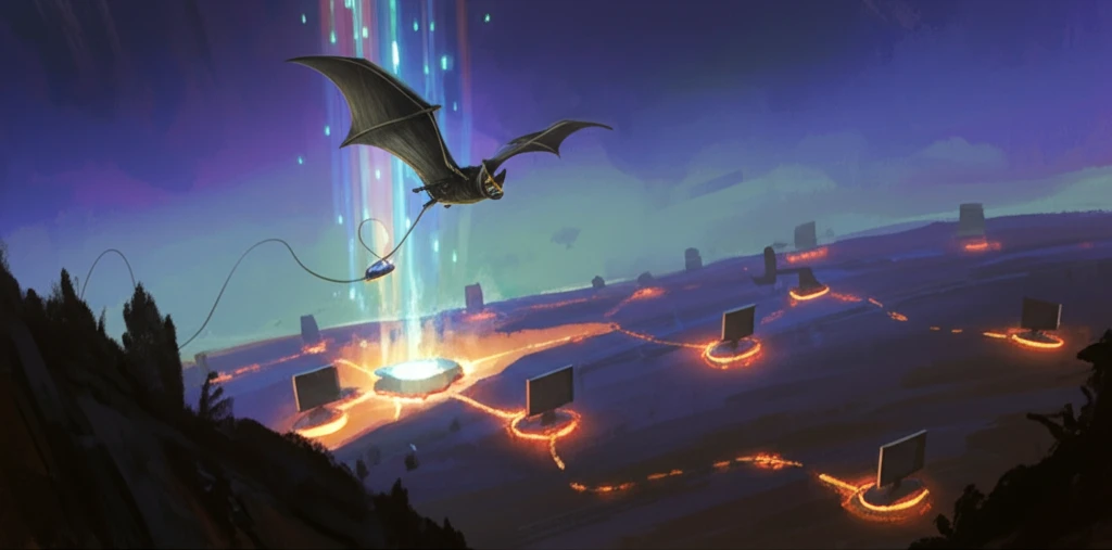 Illustration of a bat with a sensor flying over a network of data-collecting ground stations.