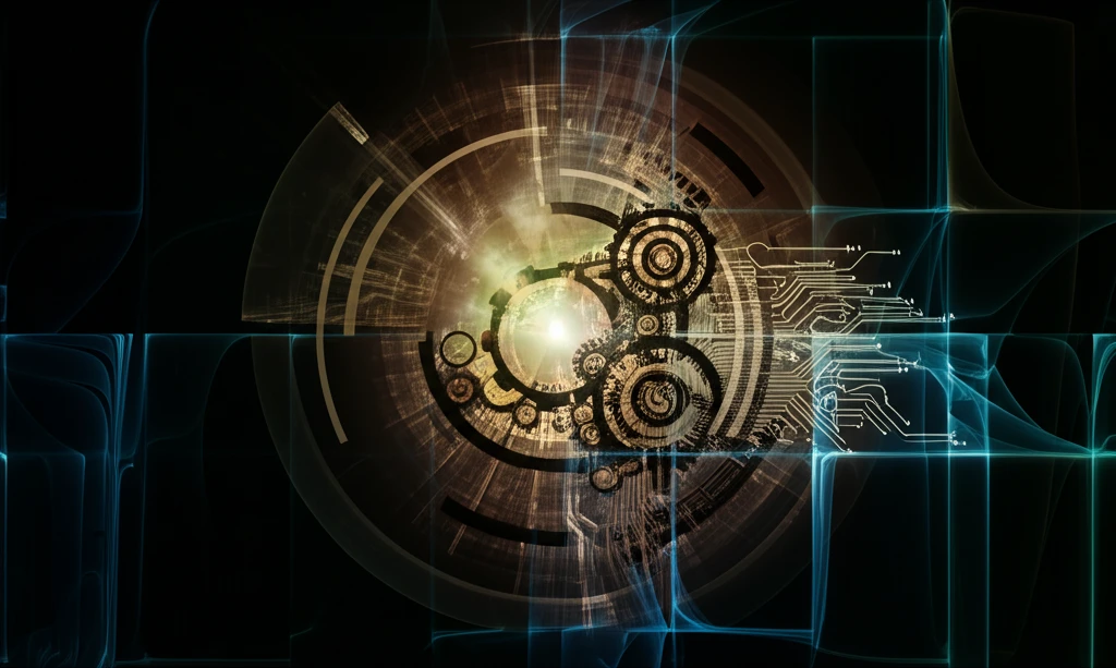 Interconnected gears and circuits shifting with a central glowing point, representing diagonally invariant exponential stability.