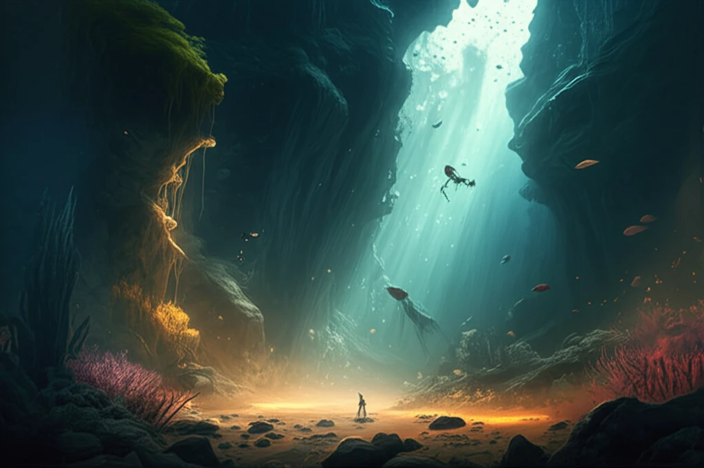 Deep-sea environment with a visible nepheloid layer scattering light