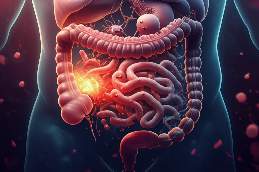 Illustration of friendly bacteria calming an inflamed colon.