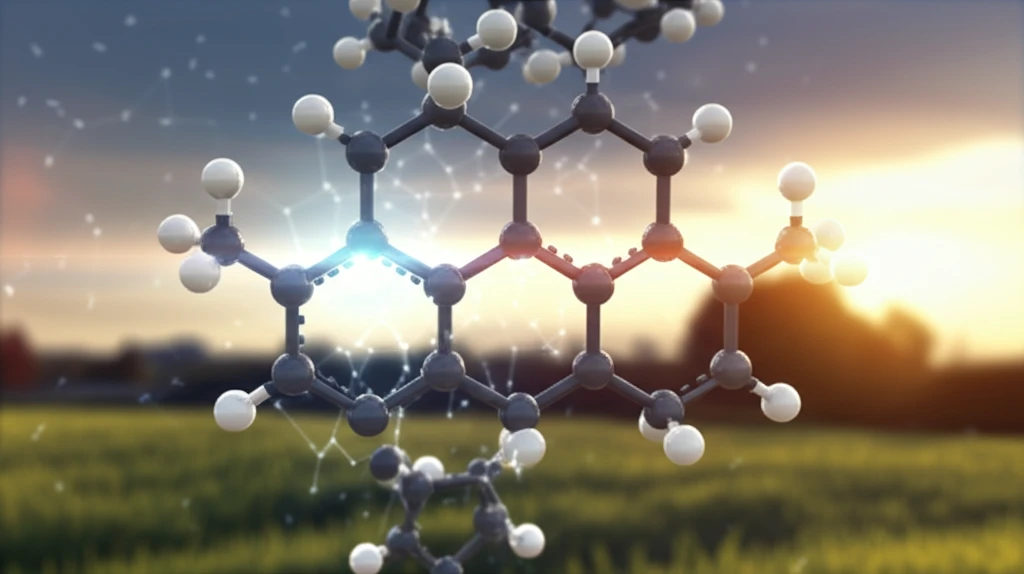 Molecular structure of hexa-substituted benzene derivative with sunlit field in background.