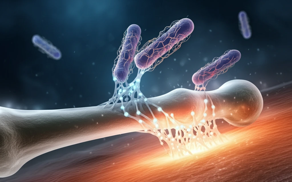 Staphylococcus aureus bacteria invading a bone cell via fibronectin bridges.