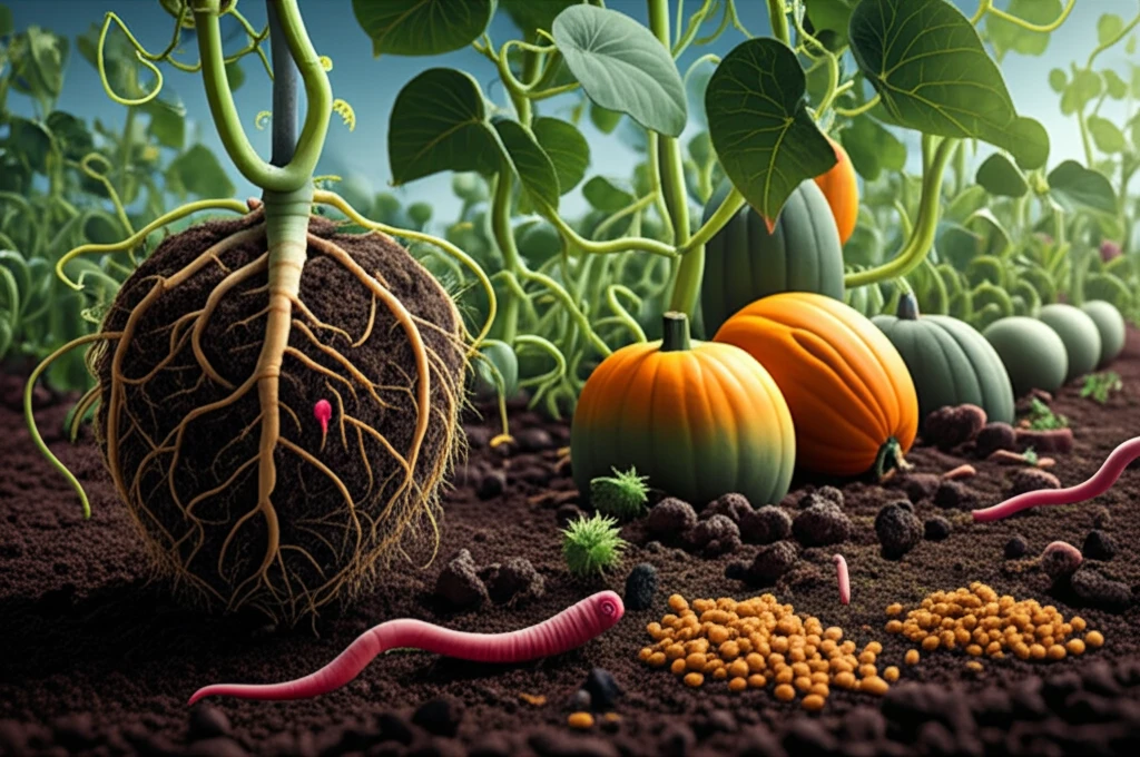 Lush garden illustration of thriving melon plants contrasting microscopic nematodes and castor meal granules, symbolizing natural pest control.