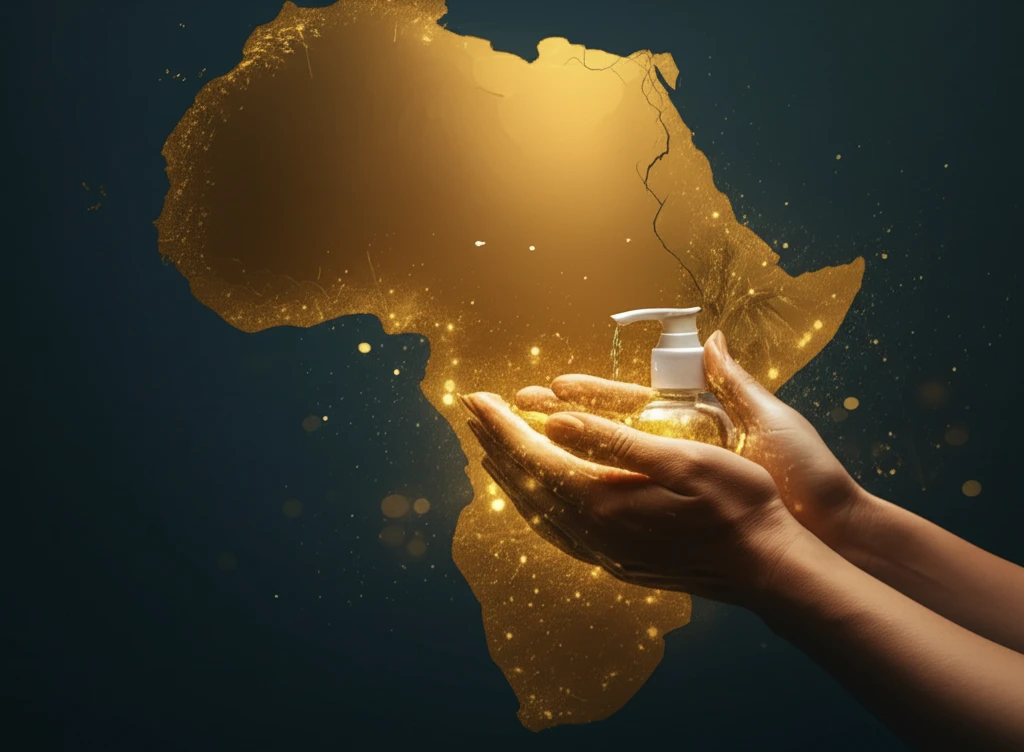 Hands washing with golden hand-rub solution on a map of Africa