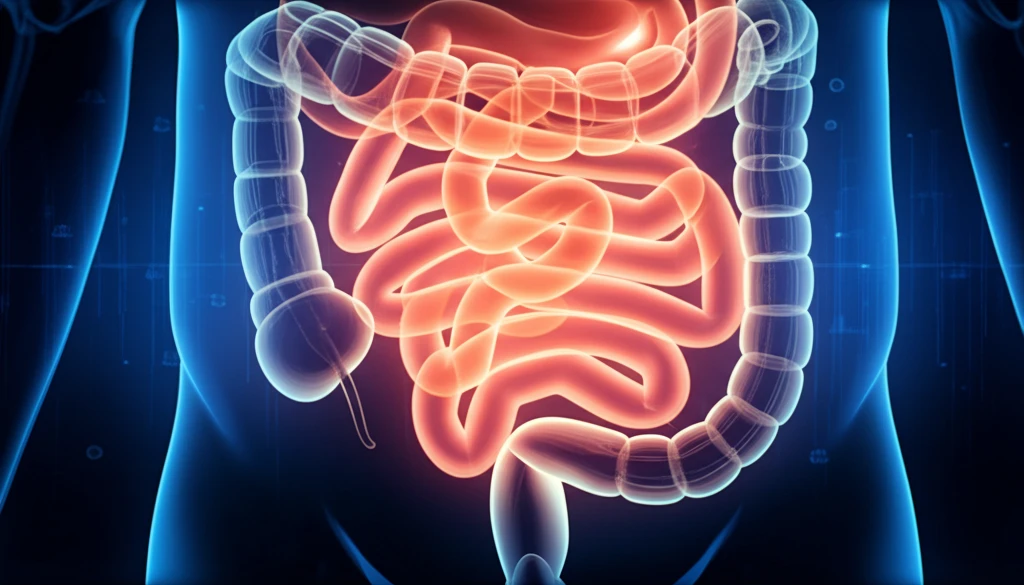 Surreal illustration of a twisted intestinal pathway inside a glowing, ethereal abdomen.