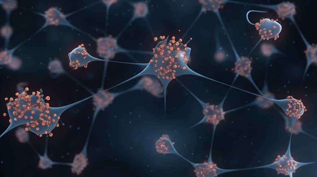 Interconnected glowing proteins in a fluid space, symbolizing cellular communication.