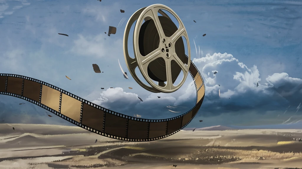 A surreal film reel unspooling into a silent landscape.