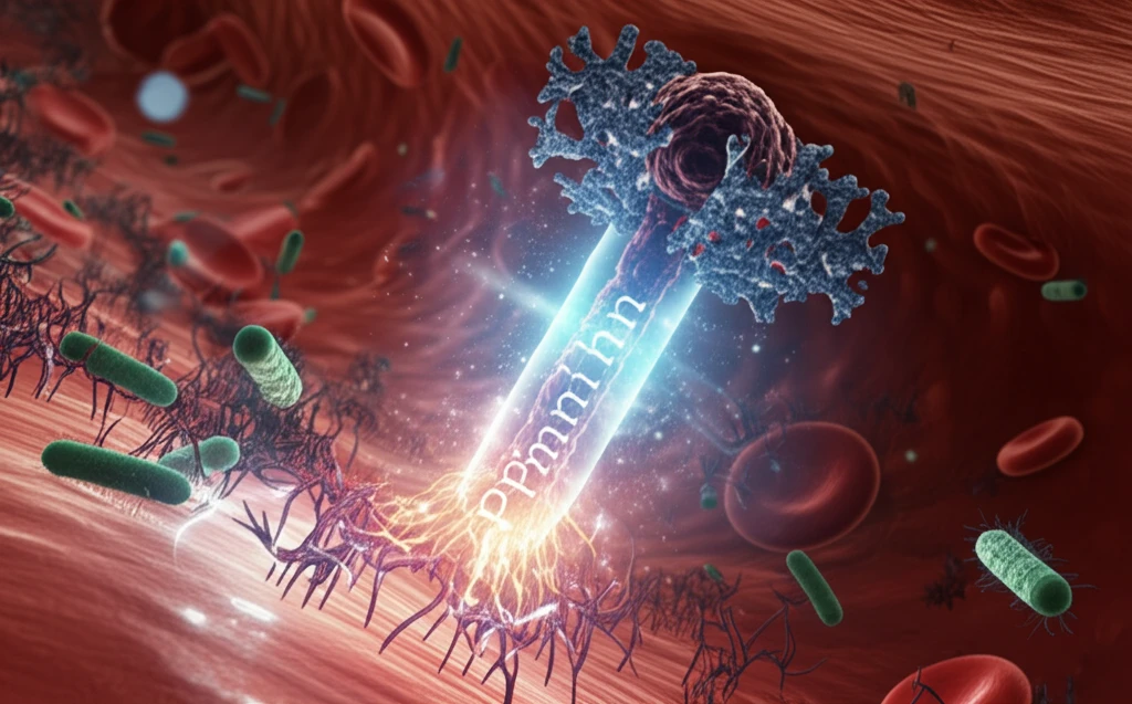 Polymer chains fighting bacteria in a bloodstream, symbolizing the fight against antibiotic resistance.