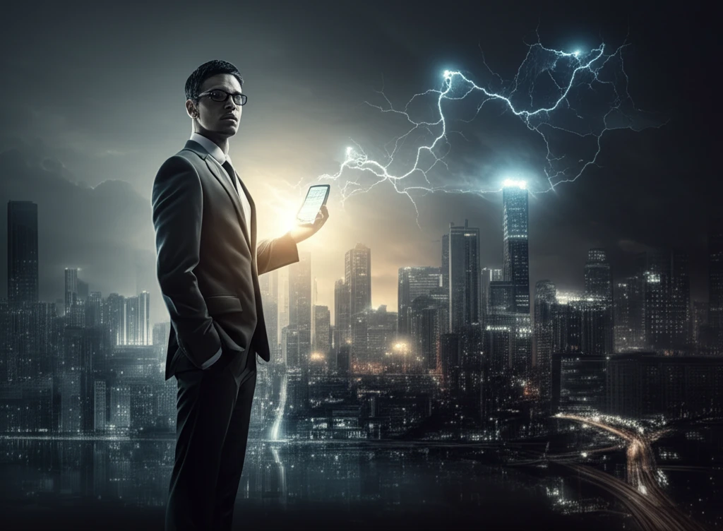 Entrepreneur's voice amplifying through a city, symbolizing impact.