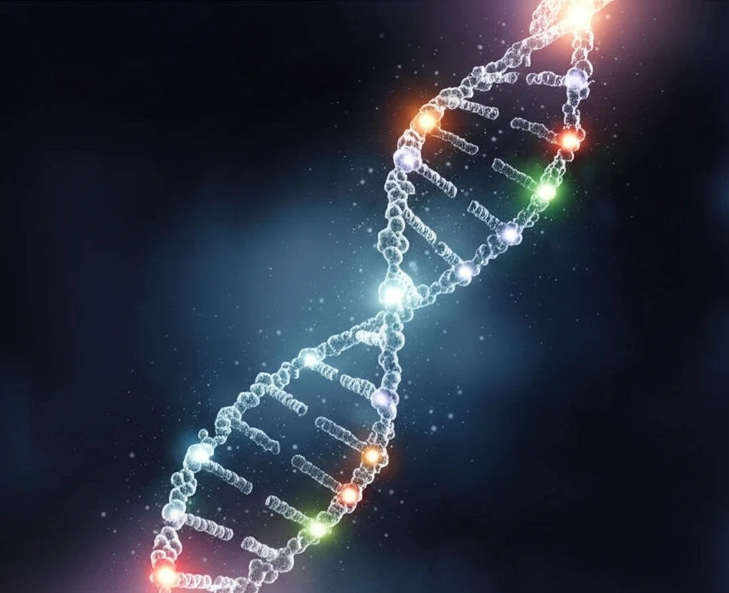 DNA double helix with mirror reflections and glowing hydroxymethylcytosine markers.