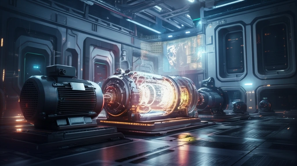 Futuristic factory with glowing electric motors, predictive maintenance diagnostics overlay.