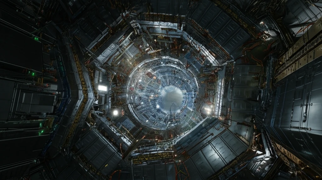 A digital illustration of particles colliding within the CMS detector.
