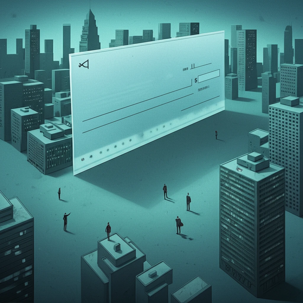 Surreal cityscape with a giant salary check overshadowing shareholders.