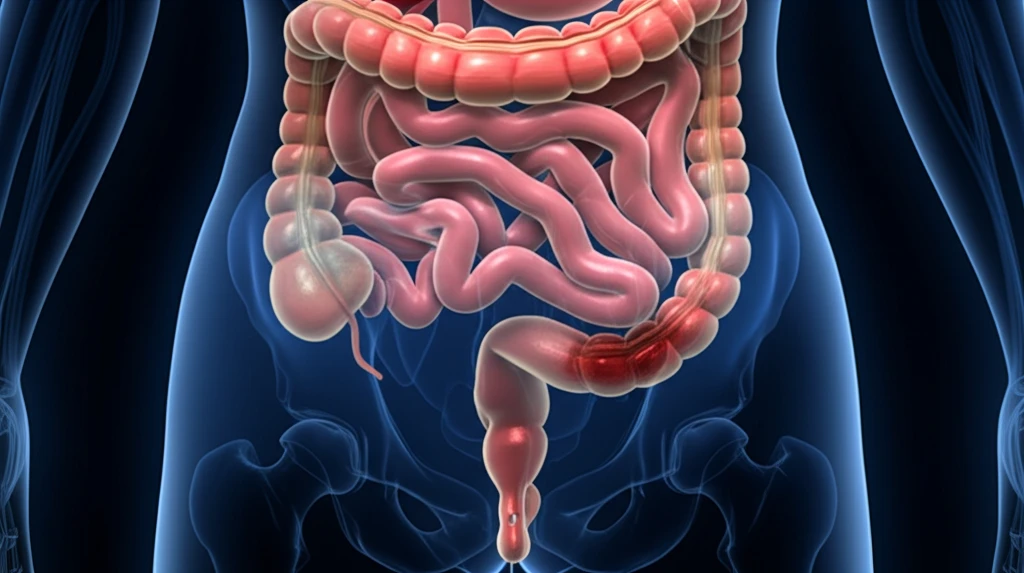 Surreal illustration of the female reproductive and intestinal systems, symbolizing intestinal endometriosis.