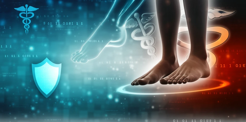 Protective shield around healthy feet, symbolizing diabetes care.