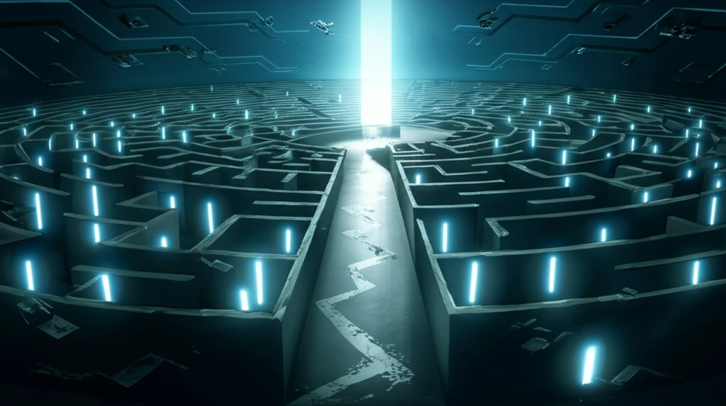 Surreal illustration of a maze with glowing guardrails, symbolizing constraint handling in optimization.