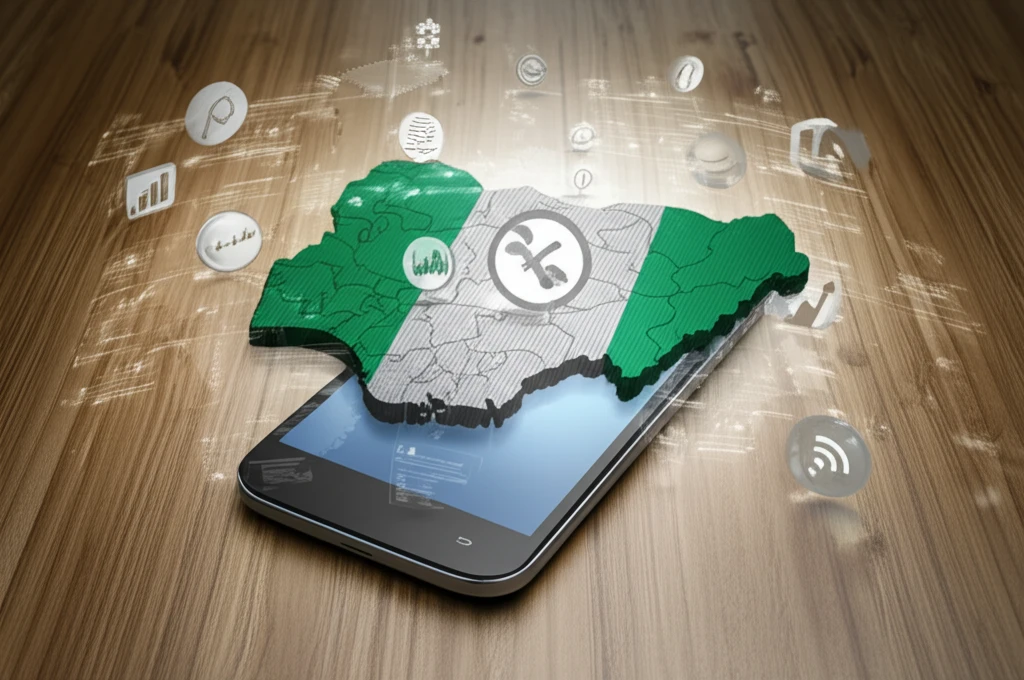 Data consumption patterns in Nigeria visualized through a smartphone transforming into a map.