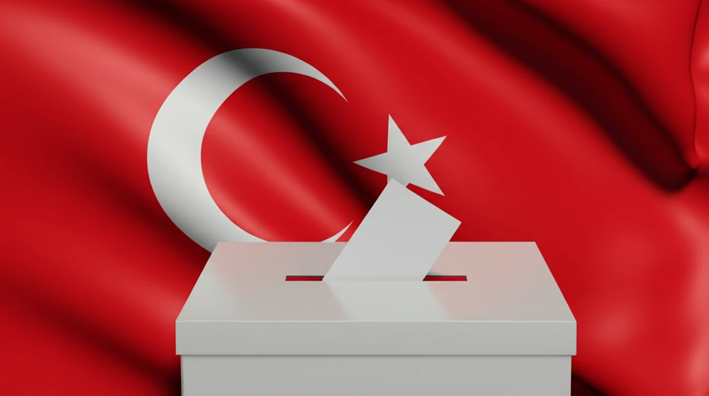 Turkish flag with pills and ballot box symbolizing healthcare policy.
