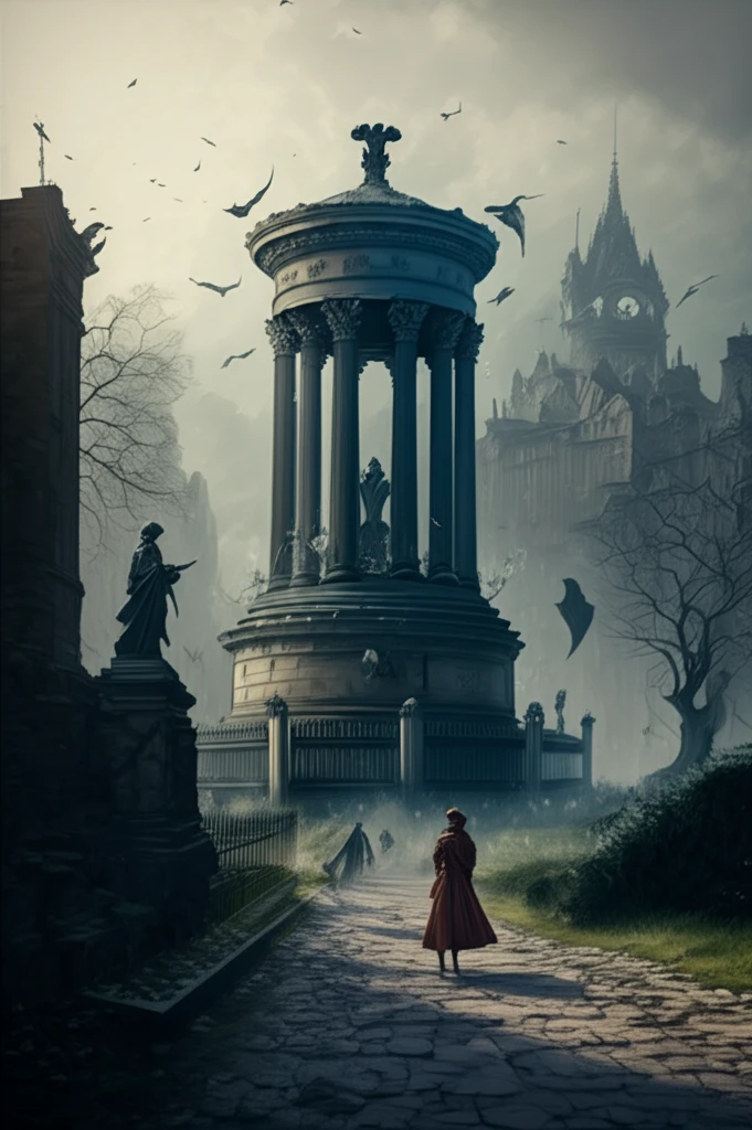 Surreal image of the Melville Monument in Edinburgh, surrounded by historical figures.