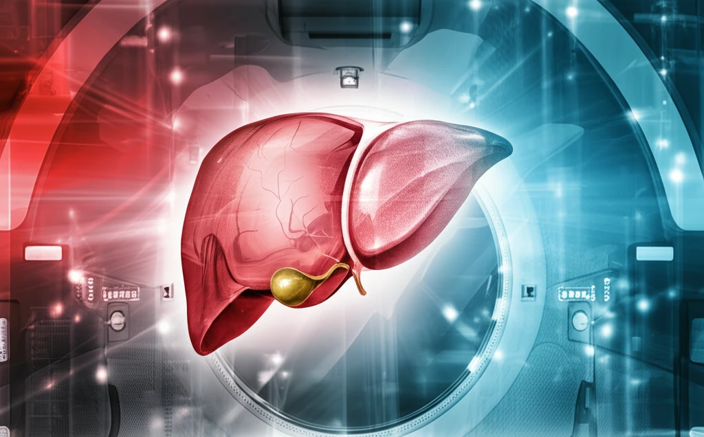 CT scan transforming into a healthy liver, representing virtual hepatic measurement.