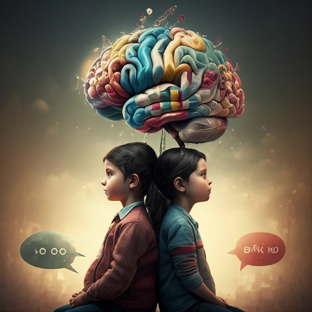 Two children solving a puzzle with surreal language and brain imagery.