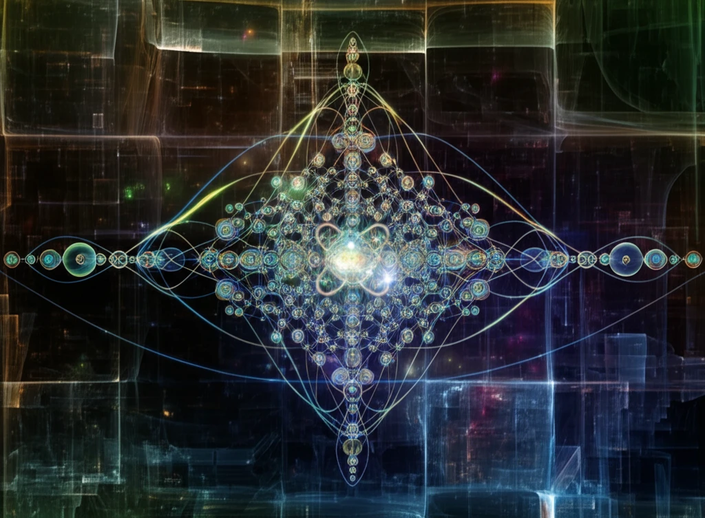 Surreal digital illustration of interconnected quantum particles trapped in a harmonic potential.
