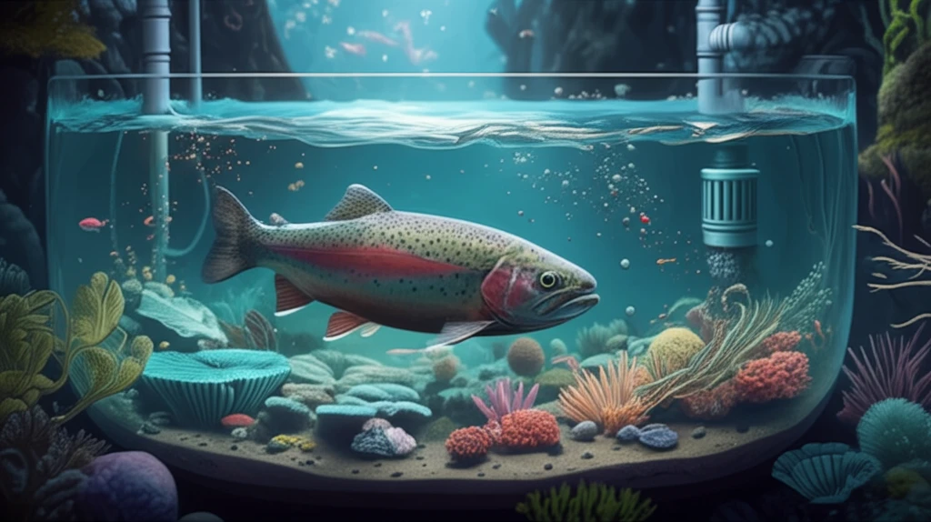 Microscopic particles in a fish tank with a healthy rainbow trout swimming through the water